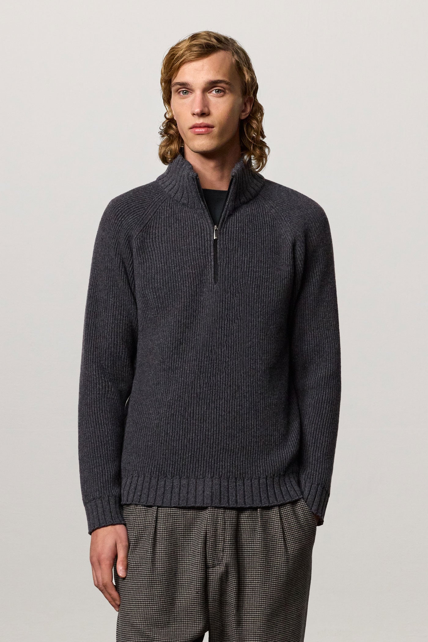 DIEGO - Cashmere and alpaca half-zip sweater - dark grey – Massimo