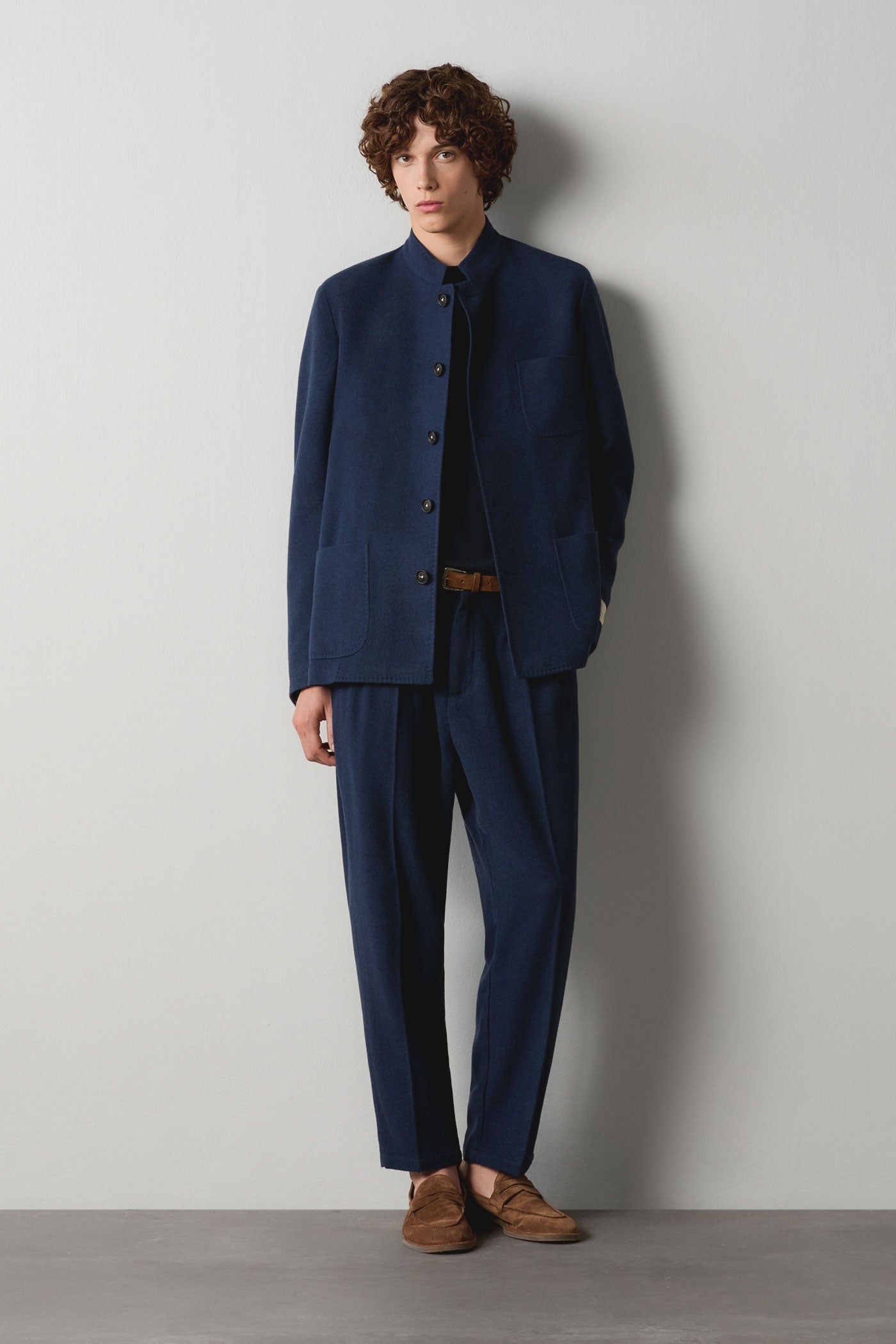 BALI - Virgin wool silk cashmere guru collar jacket - midnight